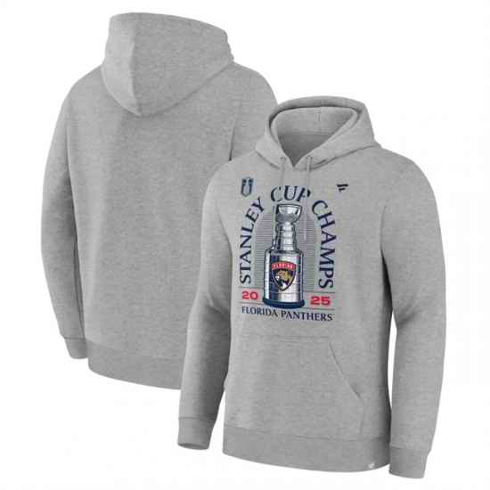 Men Florida Panthers Heather Gray 2025 Stanley Cup Champions Locker Room Fleece Pullover Hoodie